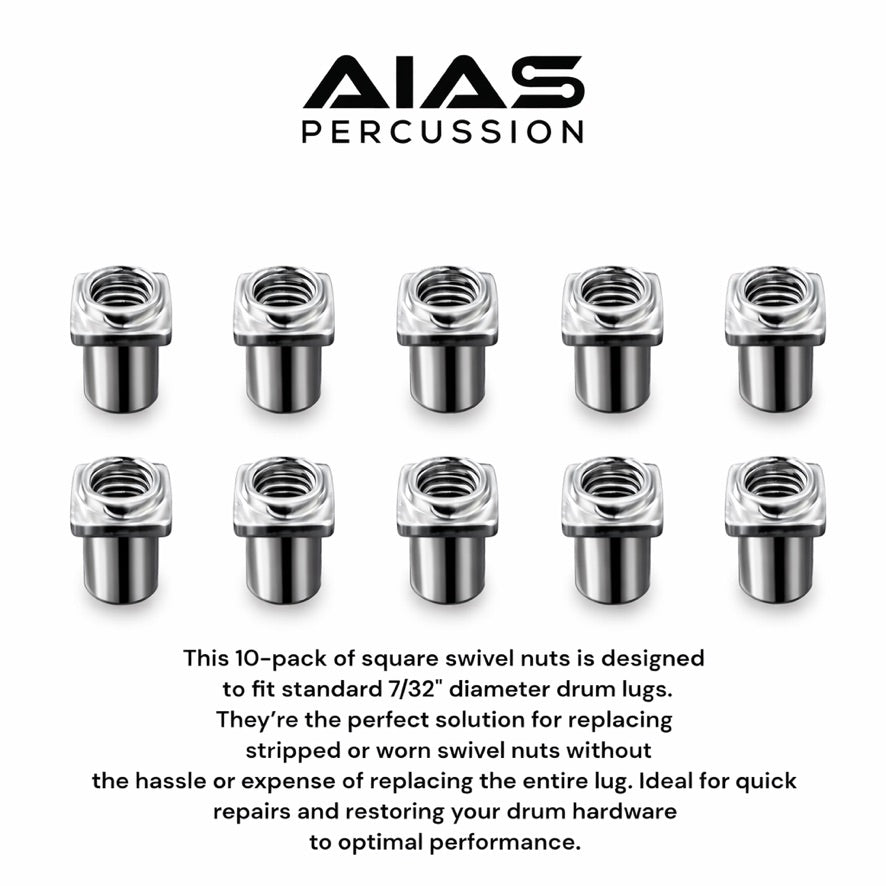 AIAS Square Drum Lug Swivel Nuts 10 Pack Replacement Hardware 7/32 Inch Thread Chrome Alloy