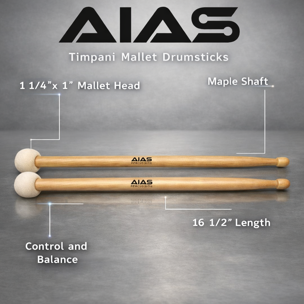 AIAS Timpani Mallet Drumsticks - Maple Shaft, 16 1/2" Length