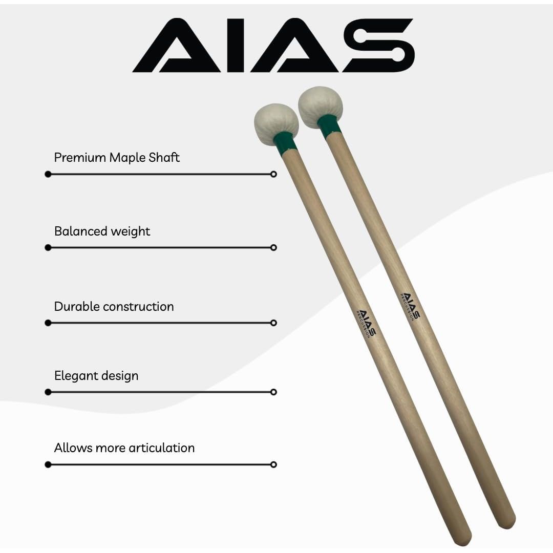 AIAS Medium-Firm Timpani Mallets – Maple Shaft Drumsticks with 1 7/16" Felt Heads, Balanced Percussion Mallets for Orchestra, Concert Band, and Studio Use