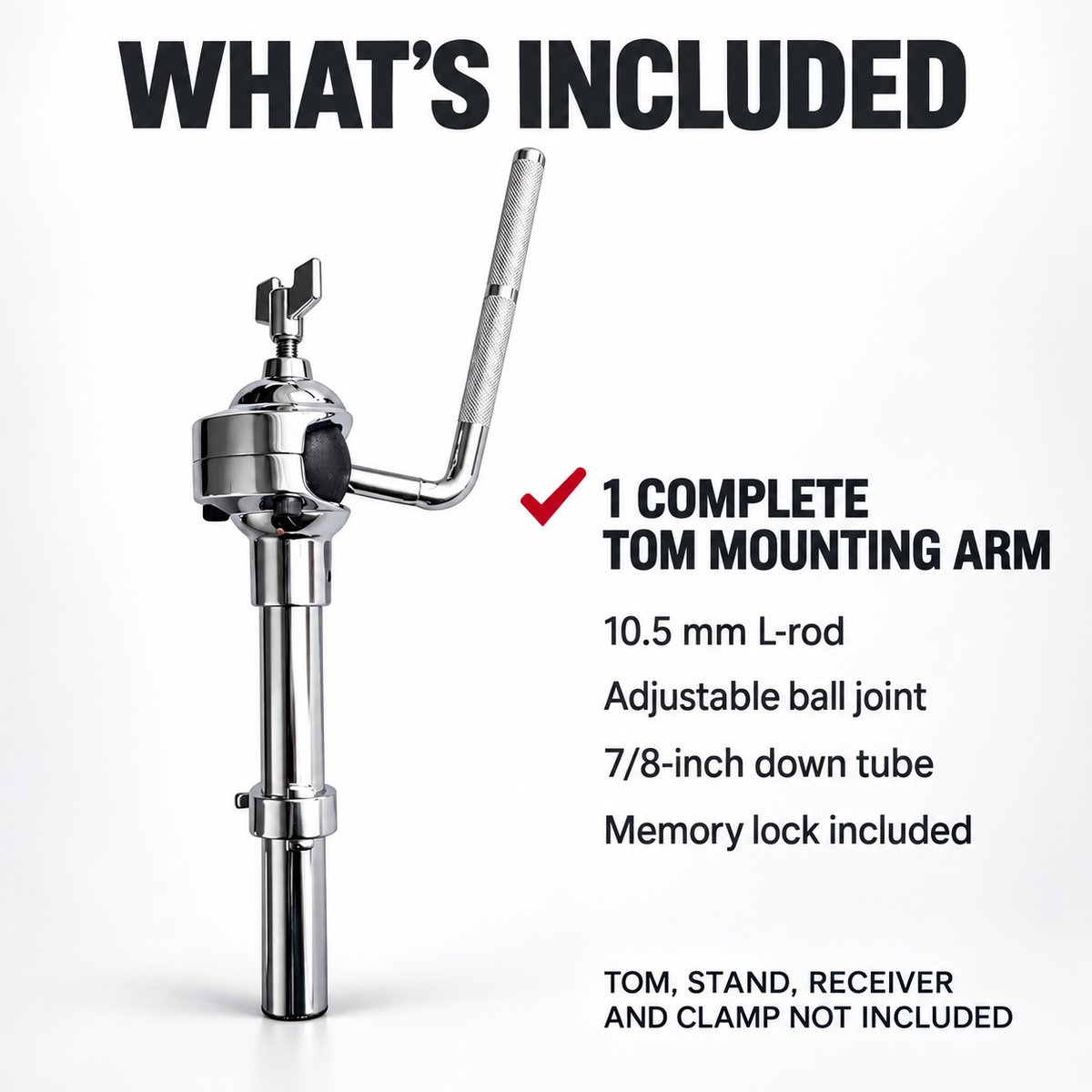 AIAS Tom Mounting Arm with 10.5mm L-Rod and 7/8-Inch Down Tube, Adjustable Ball Joint Tom Holder, Chrome