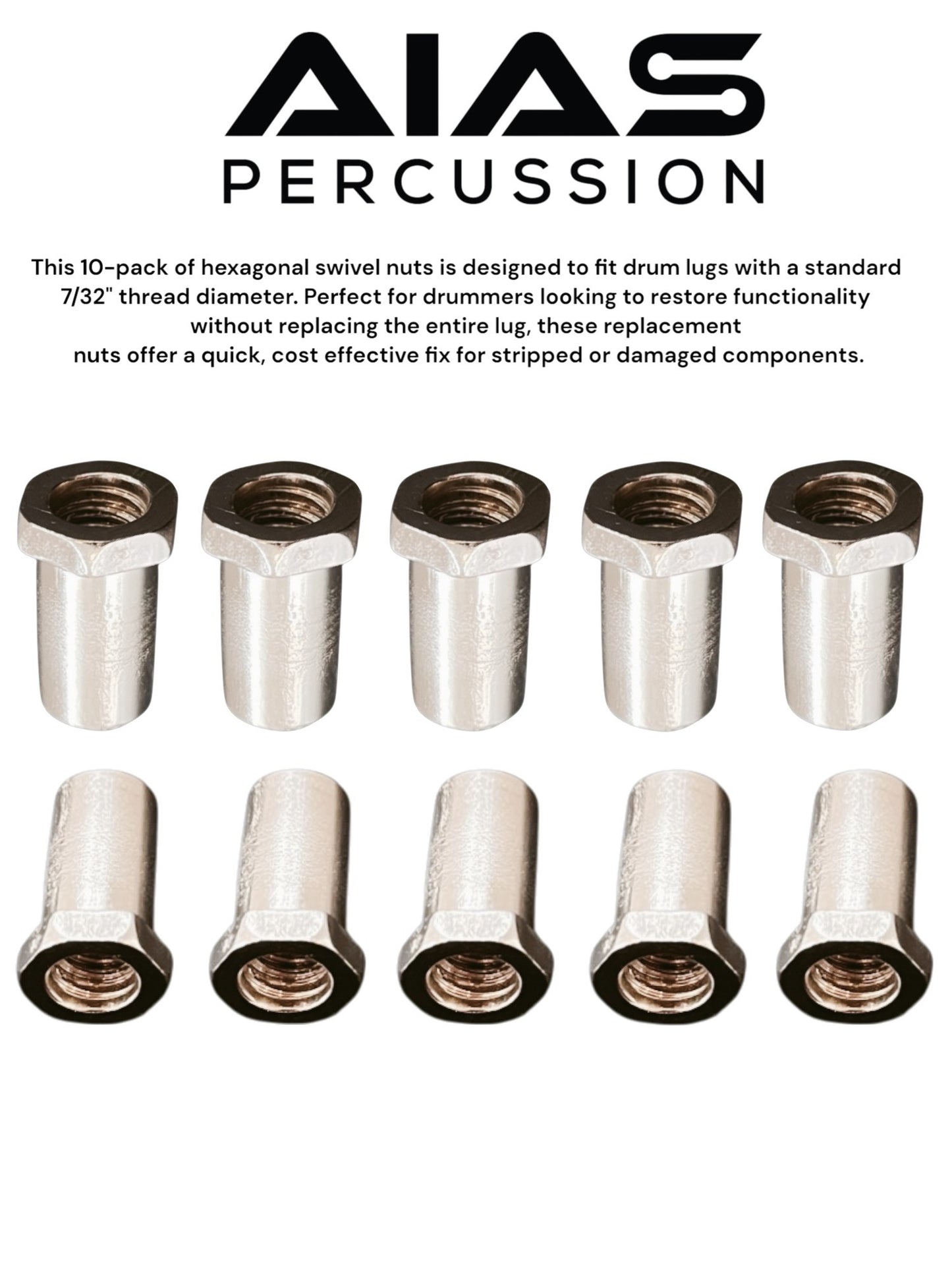 AIAS Hexagonal Drum Lug Swivel Nuts 10 Pack Replacement Hardware 7/32 Inch Thread Chrome Alloy