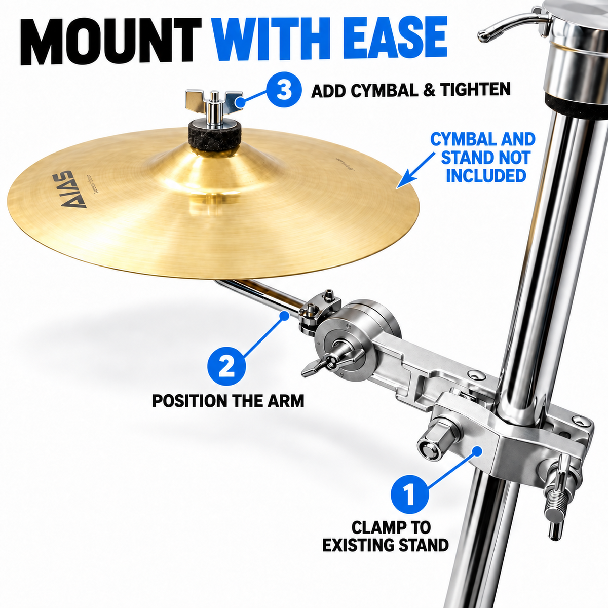 AIAS Splash Cymbal Mount Clamp for Drums, Adjustable Cymbal Holder with Rotating 1/2-Inch L-Rod, 8mm Thread and Memory Lock, Fits 5/8–1  1/4 Inch Drum Hardware