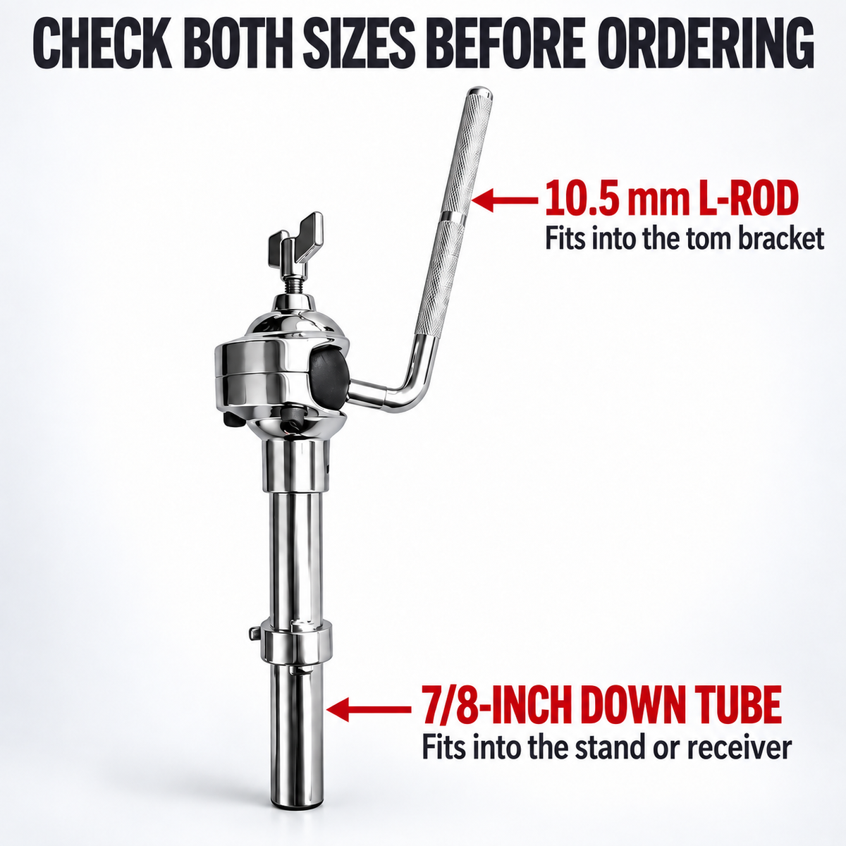 AIAS Tom Mounting Arm with 10.5mm L-Rod and 7/8-Inch Down Tube, Adjustable Ball Joint Tom Holder, Chrome