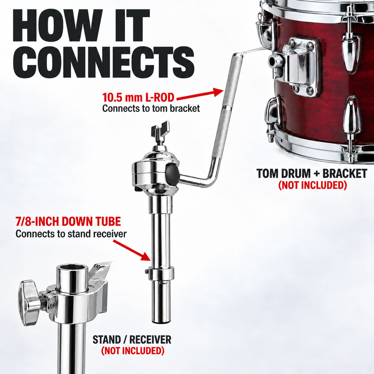 AIAS Tom Mounting Arm with 10.5mm L-Rod and 7/8-Inch Down Tube, Adjustable Ball Joint Tom Holder, Chrome