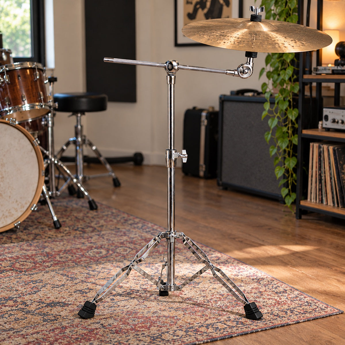 AIAS Percussion Medium-Duty Boom Cymbal Stand, 2-in-1 Convertible Straight Stand, Double-Braced Tripod Base, 15-Inch Adjustable Boom Arm, Chrome, for Crash and Ride Cymbals
