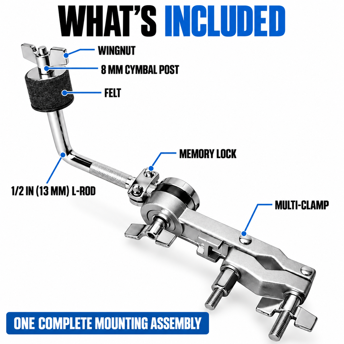 AIAS Splash Cymbal Mount Clamp for Drums, Adjustable Cymbal Holder with Rotating 1/2-Inch L-Rod, 8mm Thread and Memory Lock, Fits 5/8–1  1/4 Inch Drum Hardware