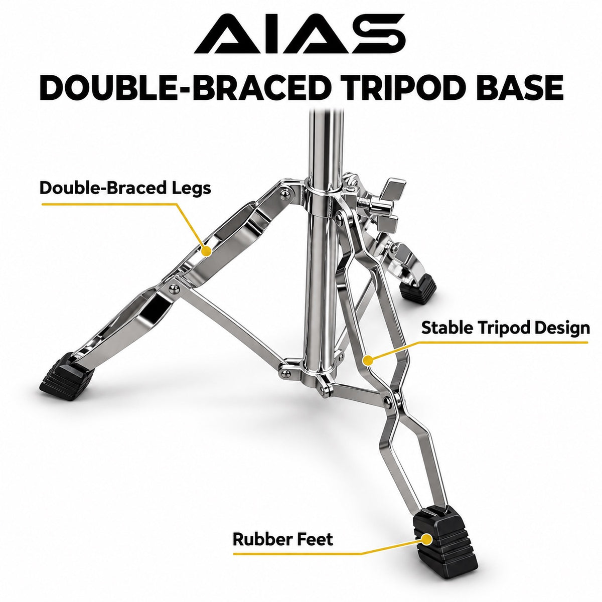 AIAS Percussion Medium-Duty Boom Cymbal Stand, 2-in-1 Convertible Straight Stand, Double-Braced Tripod Base, 15-Inch Adjustable Boom Arm, Chrome, for Crash and Ride Cymbals