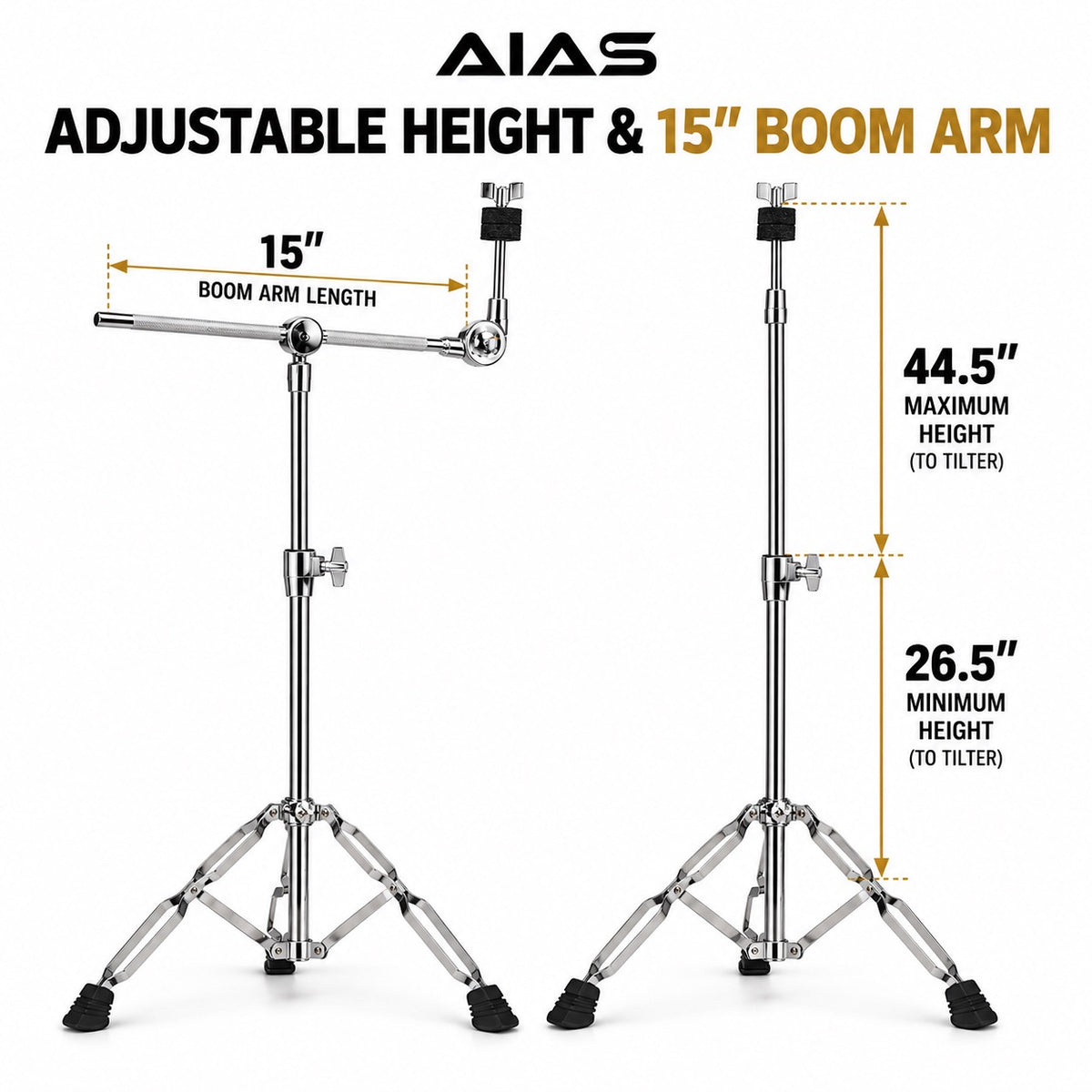 AIAS Percussion Medium-Duty Boom Cymbal Stand, 2-in-1 Convertible Straight Stand, Double-Braced Tripod Base, 15-Inch Adjustable Boom Arm, Chrome, for Crash and Ride Cymbals