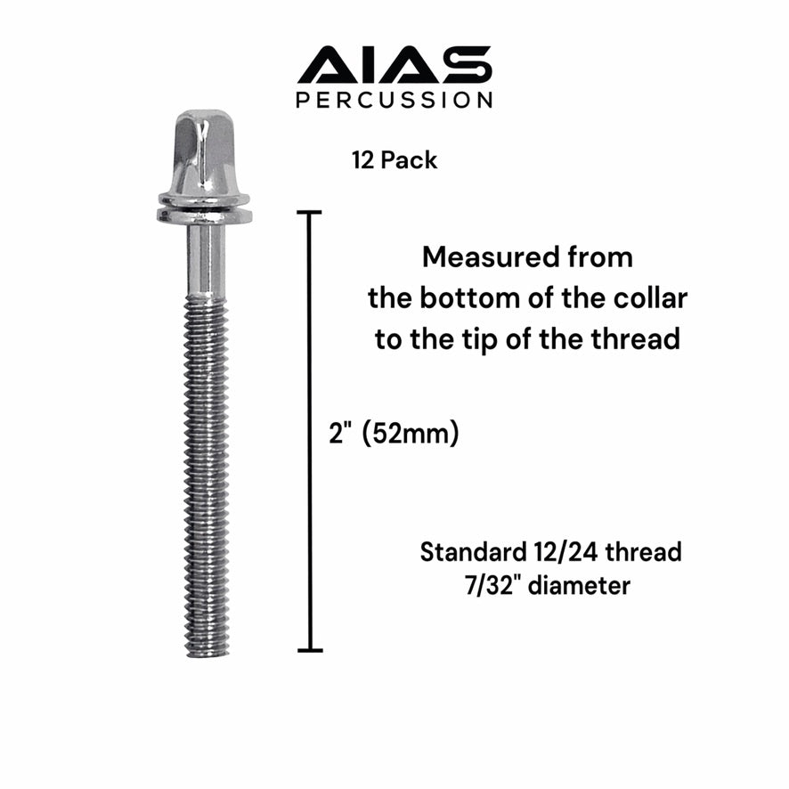 AIAS Chrome Plated Drum Tension Rods 12 Pack with Washers | Replacement Tuning Screws for Snare and Tom Drums