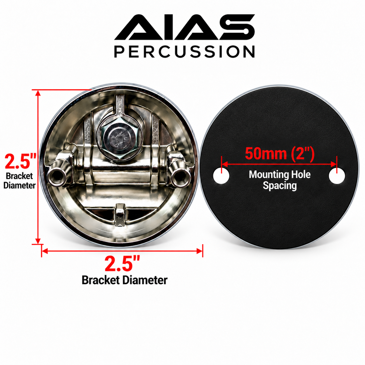 AIAS Percussion Floor Tom Leg Brackets, 3 Pack, Chrome, 50mm Spacing Fits 9.5–12.7mm rods; 50mm (2 in) hole spacing; includes 3 gaskets and 6 mounting screws.
