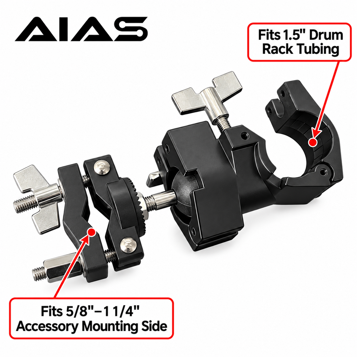 AIAS Rotating Drum Rack Clamp with Adjustable Ball Joint, Multi Clamp for 1.5 Inch Rack Tubing, Tom Mounts, Hi-Hat Stands and Percussion Accessories, Black
