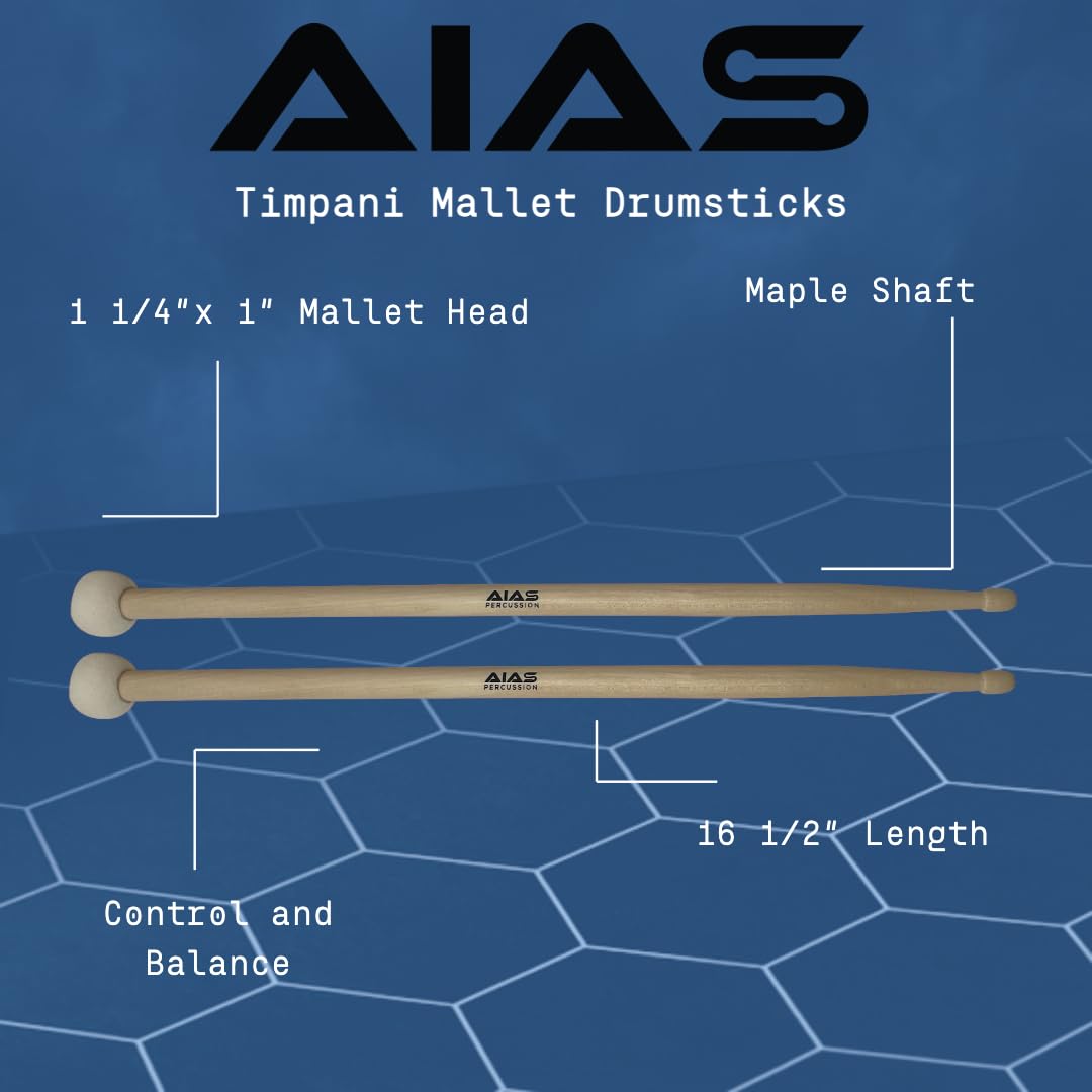 AIAS Timpani Mallet Drumsticks - Maple Shaft, 16 1/2" Length
