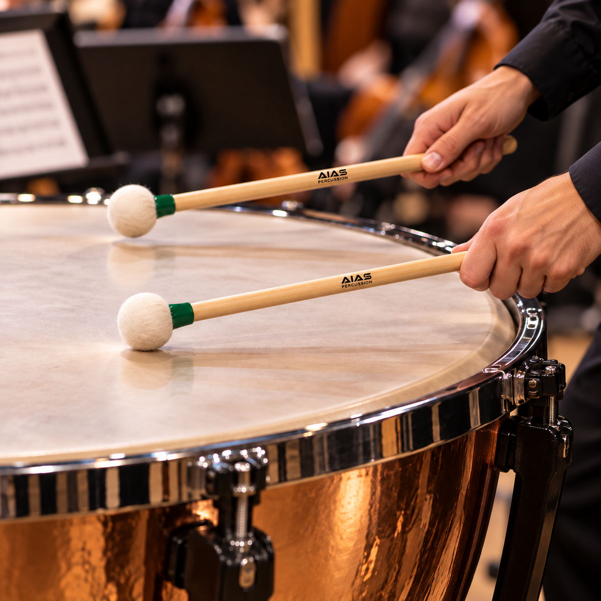 AIAS Medium-Firm Timpani Mallets – Maple Shaft Drumsticks with 1 7/16" Felt Heads, Balanced Percussion Mallets for Orchestra, Concert Band, and Studio Use