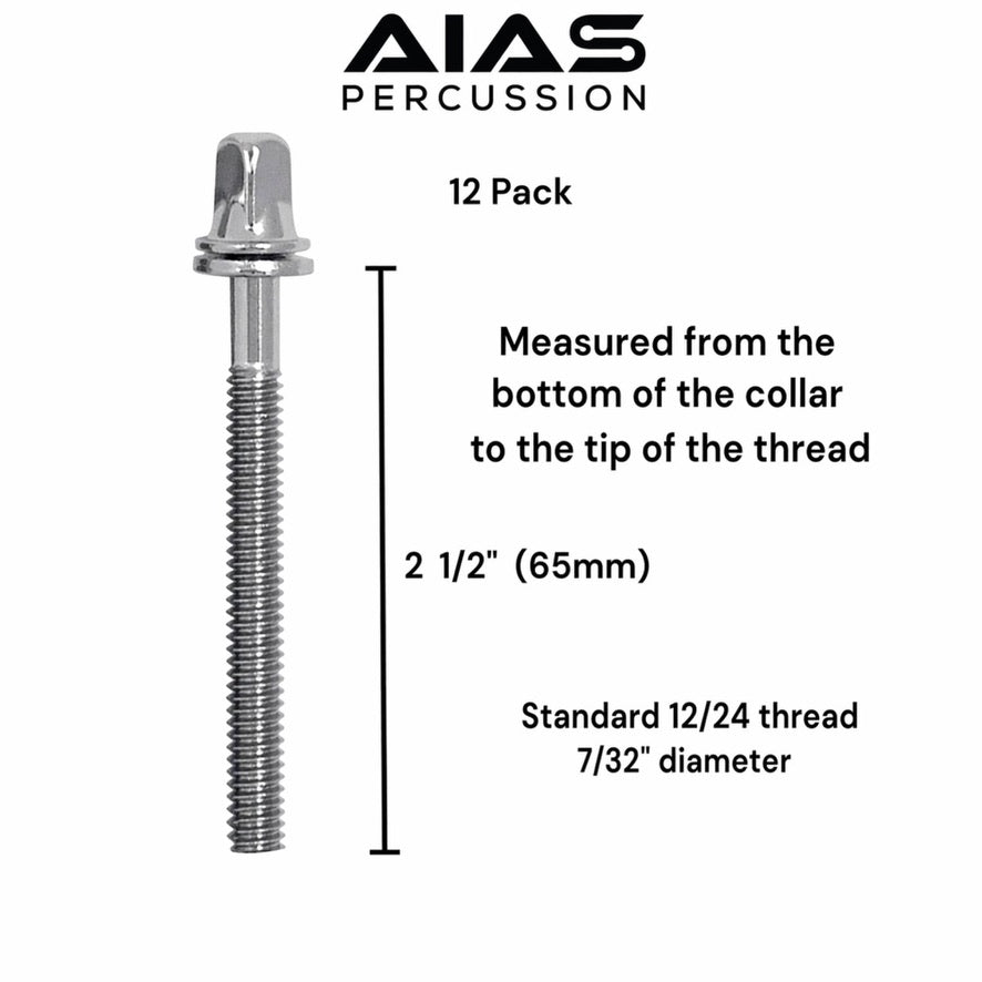 AIAS Chrome Plated Drum Tension Rods 12 Pack with Washers | Replacement Tuning Screws for Snare and Tom Drums