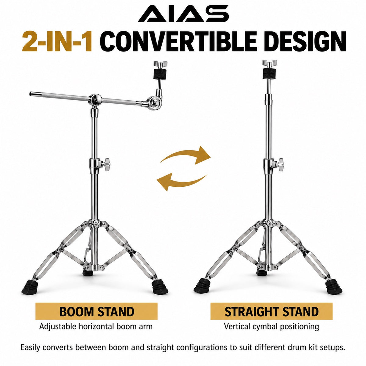 AIAS Percussion Medium-Duty Boom Cymbal Stand, 2-in-1 Convertible Straight Stand, Double-Braced Tripod Base, 15-Inch Adjustable Boom Arm, Chrome, for Crash and Ride Cymbals