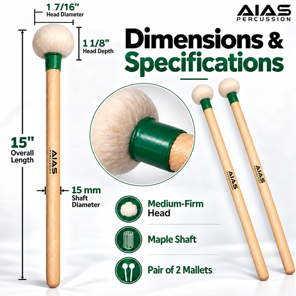 AIAS Medium-Firm Timpani Mallets – Maple Shaft Drumsticks with 1 7/16" Felt Heads, Balanced Percussion Mallets for Orchestra, Concert Band, and Studio Use