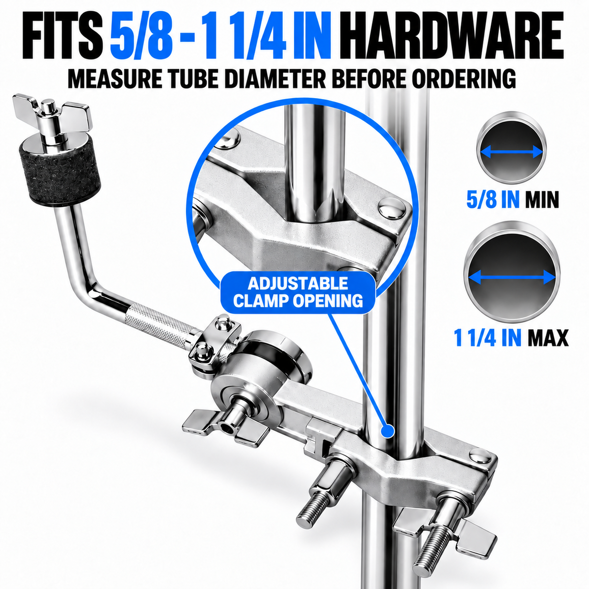 AIAS Splash Cymbal Mount Clamp for Drums, Adjustable Cymbal Holder with Rotating 1/2-Inch L-Rod, 8mm Thread and Memory Lock, Fits 5/8–1  1/4 Inch Drum Hardware
