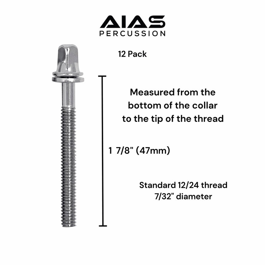 AIAS Chrome Plated Drum Tension Rods 12 Pack with Washers | Replacement Tuning Screws for Snare and Tom Drums