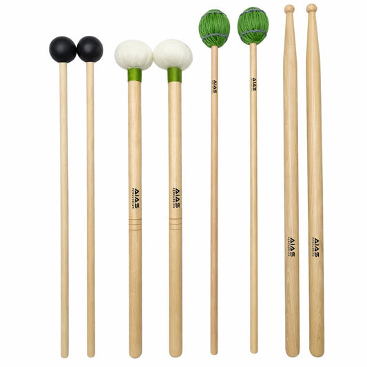 AIAS Student Concert Mallet Set for Xylophone, Timpani, Vibraphone Mallets and SD2 Drumsticks, Educational Percussion Pack
