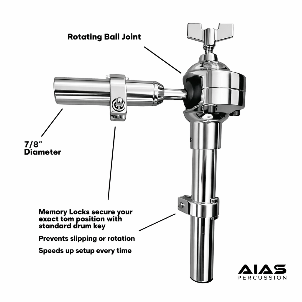 AIAS Tom Mounting Arm 7/8" with Memory Lock for Secure Drum Setup and Precision Positioning