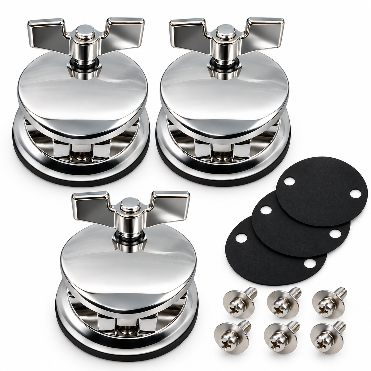 AIAS Percussion Floor Tom Leg Brackets, 3 Pack, Chrome, 50mm Spacing Fits 9.5–12.7mm rods; 50mm (2 in) hole spacing; includes 3 gaskets and 6 mounting screws.