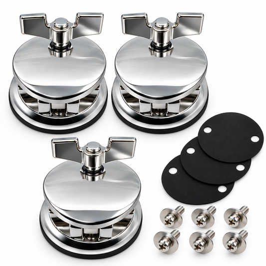 AIAS Percussion Floor Tom Leg Brackets, 3 Pack, Chrome, 50mm Spacing Fits 9.5–12.7mm rods; 50mm (2 in) hole spacing; includes 3 gaskets and 6 mounting screws.