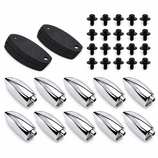 ROSS Percussion Single End Snare and Tom Drum Lugs, Chrome, 10 Pack, 1.5 Inch Hole Spacing, 7/32 Inch Tension Rod Compatible