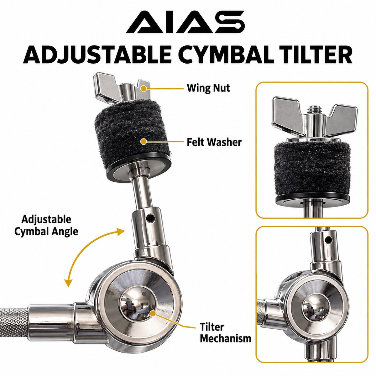 AIAS Percussion Medium-Duty Boom Cymbal Stand, 2-in-1 Convertible Straight Stand, Double-Braced Tripod Base, 15-Inch Adjustable Boom Arm, Chrome, for Crash and Ride Cymbals