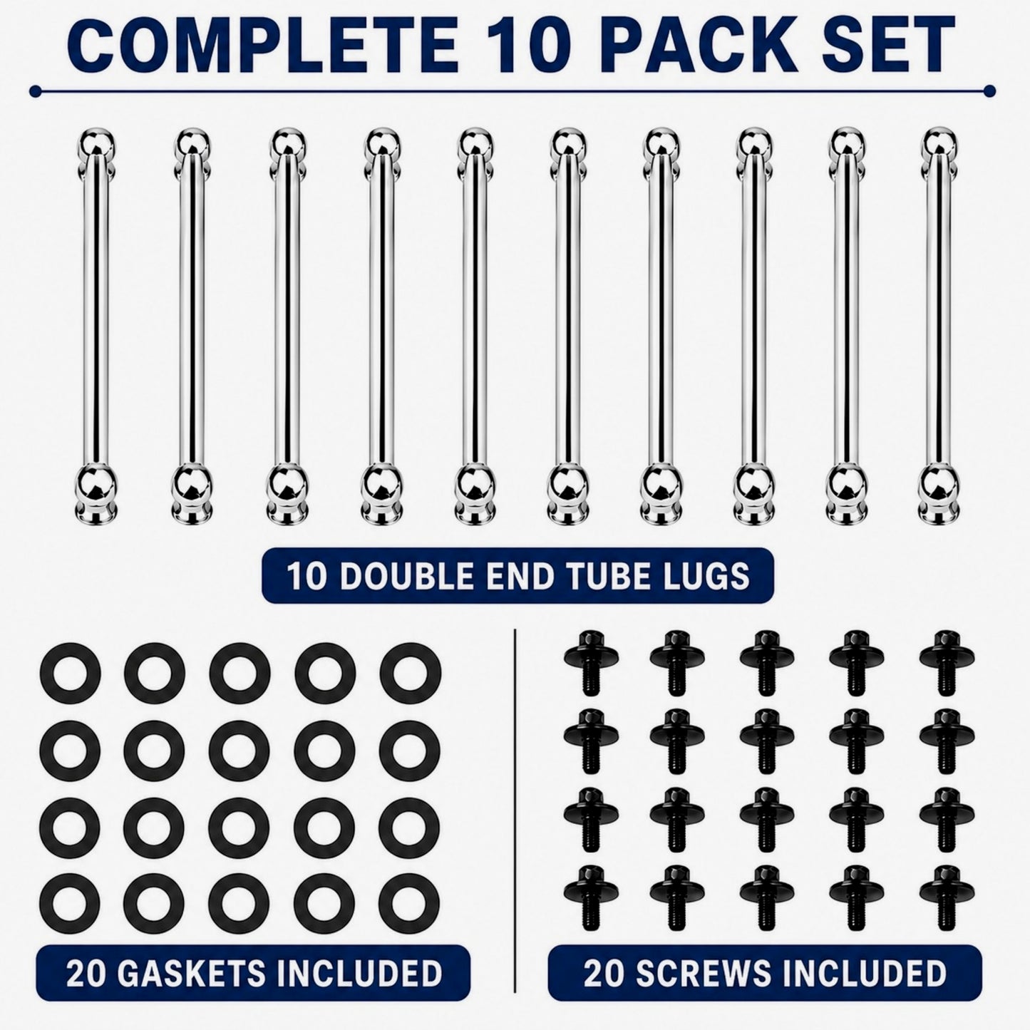 ROSS Percussion Double End Tube Drum Lugs  - Chrome - 10 Pack
