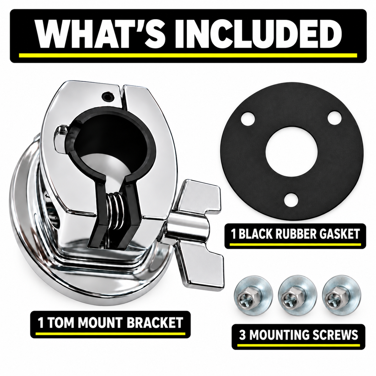 AIAS 7/8 Inch Tom Mount Bracket for Drum Shell, Chrome, 3-Hole Mount with Protective Rubber Gasket and Mounting Screws