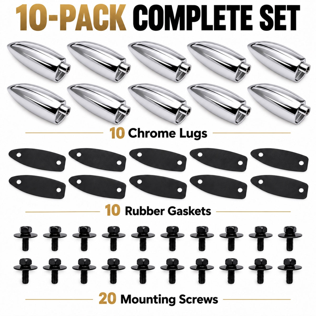 ROSS Percussion Single End Snare and Tom Drum Lugs, Chrome, 10 Pack, 1.5 Inch Hole Spacing, 7/32 Inch Tension Rod Compatible