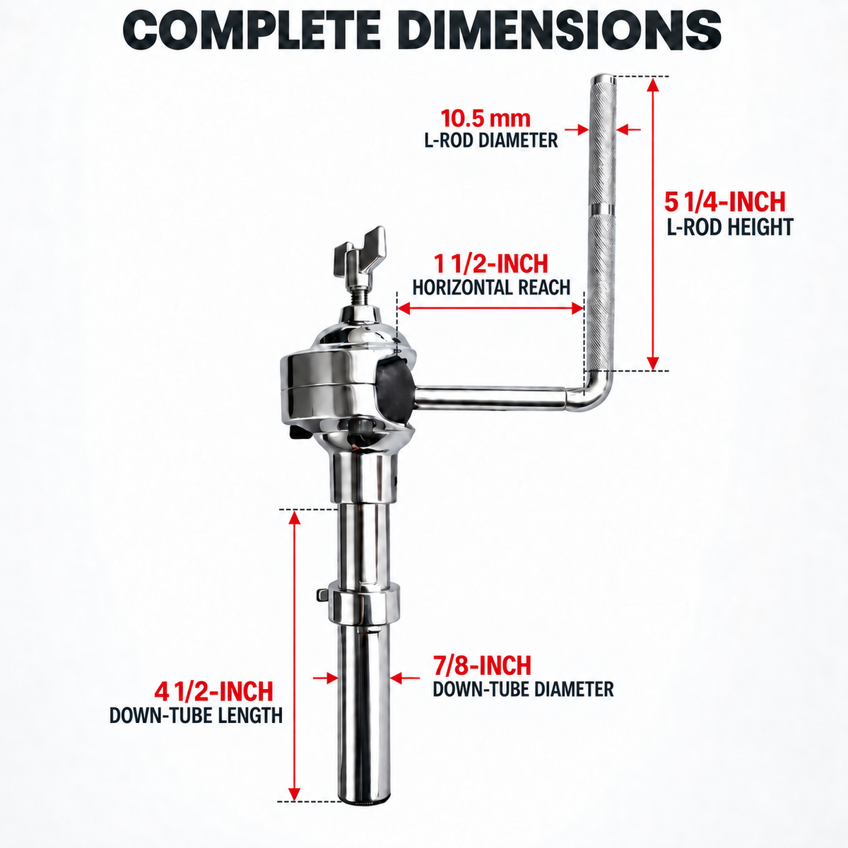 AIAS Tom Mounting Arm with 10.5mm L-Rod and 7/8-Inch Down Tube, Adjustable Ball Joint Tom Holder, Chrome