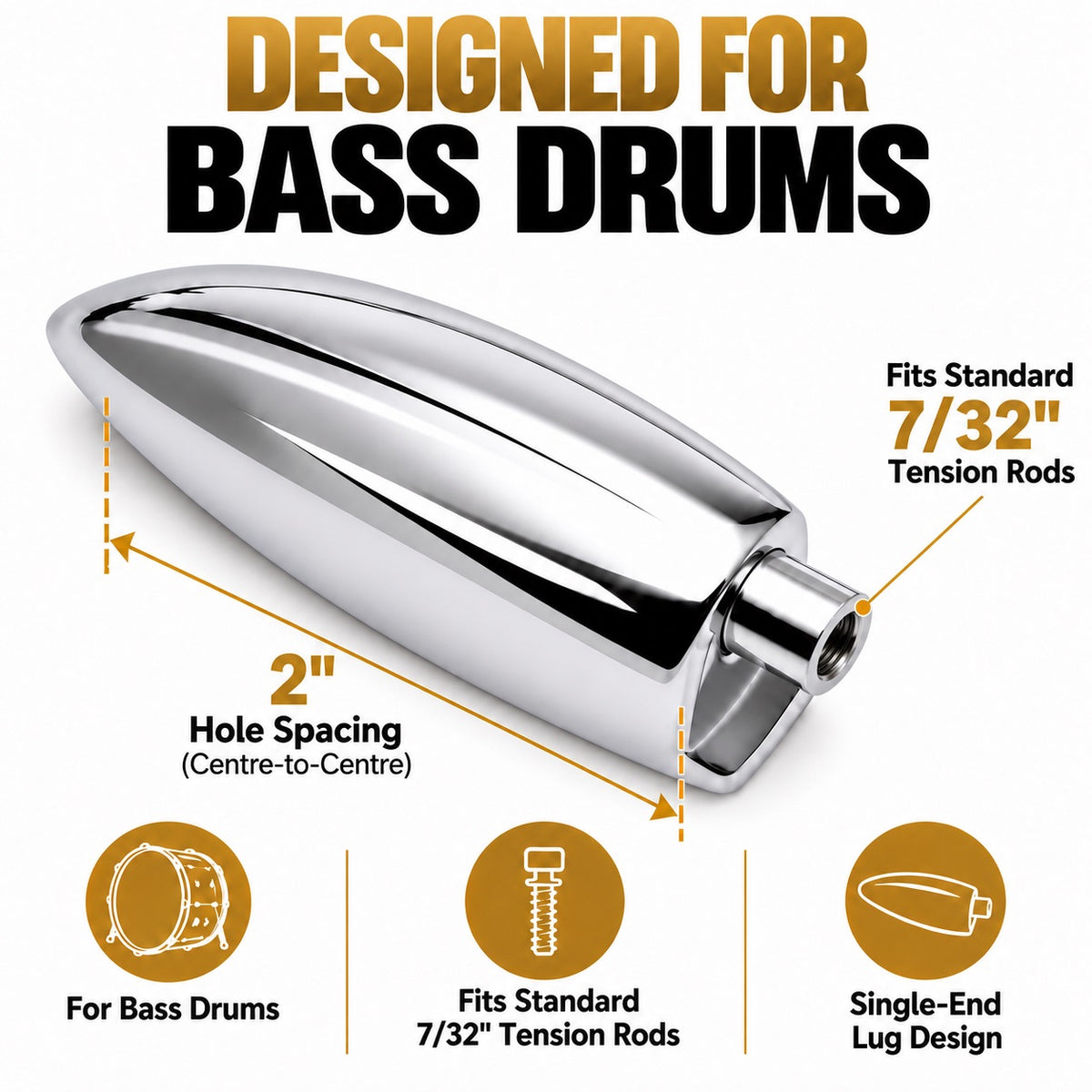 ROSS Percussion Single End Bass Drum Lugs, Chrome, 10 Pack, 2 Inch Hole Spacing, 7/32 Inch Tension Rod Compatible