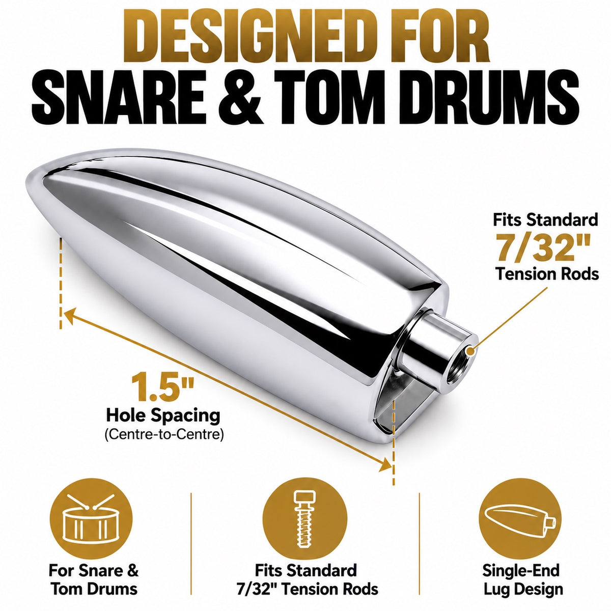 ROSS Percussion Single End Snare and Tom Drum Lugs, Chrome, 10 Pack, 1.5 Inch Hole Spacing, 7/32 Inch Tension Rod Compatible